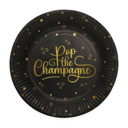 8 Papierowe talerzyki - 23 cm - Pop the Champagne - czarne
