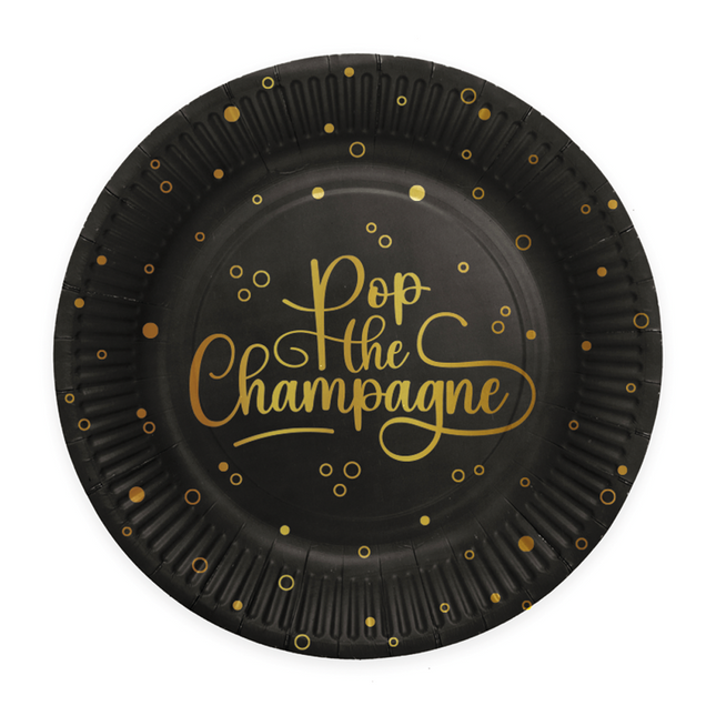8 Papierowe talerzyki - 23 cm - Pop the Champagne - czarne