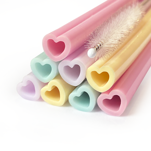 8 silikonowych słomek wielokrotnego użytku 9 mm x 195 mm - Watercolours Hearts