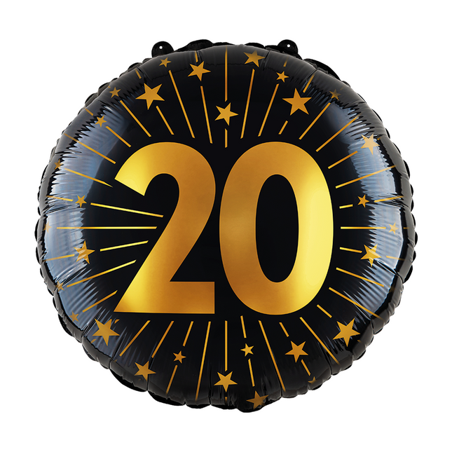 Balon helowy na 20 lat czarny złoty pusty 45 cm