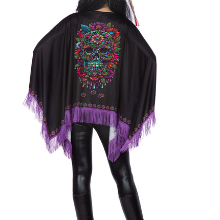 Ponczo Dia De Los Muertos czarno-fioletowe