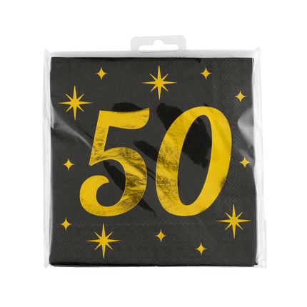 50 Jaar Servetten Zwart Goud 19cm 16st - Partywinkel - 8716764238208