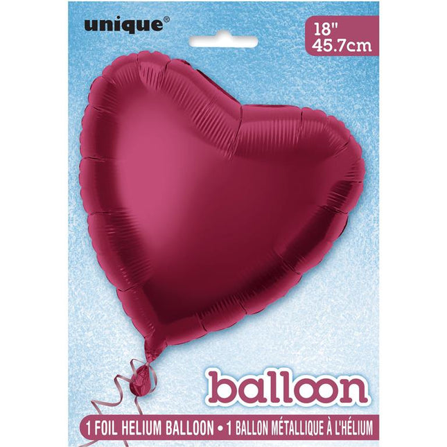 Balon foliowy w kształcie serca 18", pakowany - bordowy