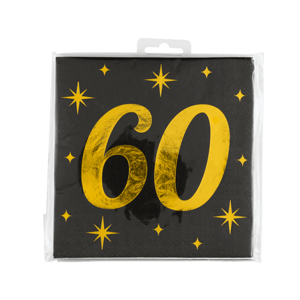 60 Jaar Servetten Zwart Goud 19cm 16st - Partywinkel - 8716764238260