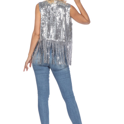 Festiwalowy kardigan z długimi frędzlami srebrny (V)