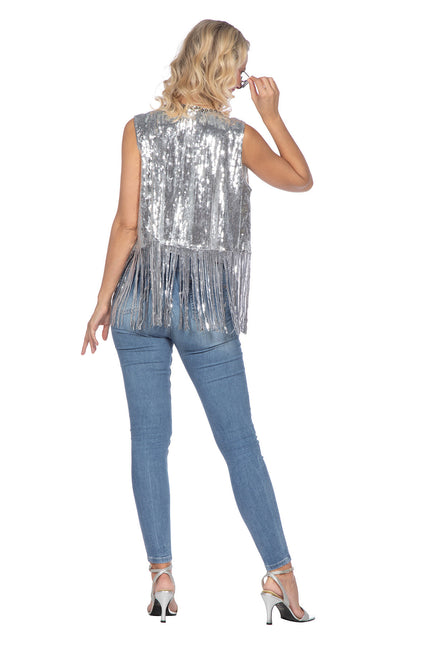 Festiwalowy kardigan z długimi frędzlami srebrny (V)