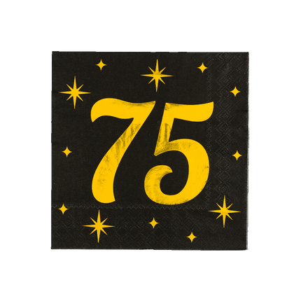 75 Jaar Servetten Zwart Goud 19cm 16st - Partywinkel - 8716764238291