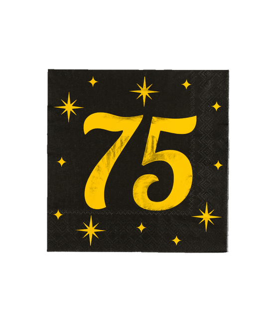 75 Jaar Servetten Zwart Goud 19cm 16st - Partywinkel - 8716764238291