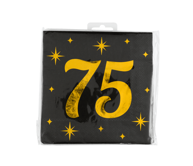 75 Jaar Servetten Zwart Goud 19cm 16st - Partywinkel - 8716764238291