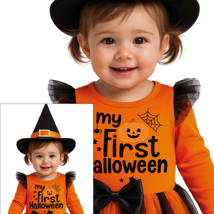 Kostium na Halloween: czarna i pomarańczowa czarownica dla niemowląt
