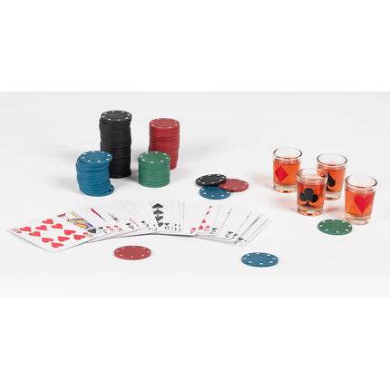 Zestaw do gry alkoholowej „drinking poker” (120 żetonów pokerowych, 1 talia kart, 4 kieliszki do shotów)