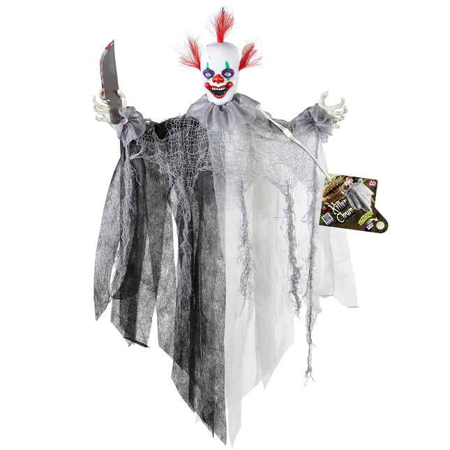 Halloweenowa lalka klaun ze światłem i dźwiękiem 60 cm