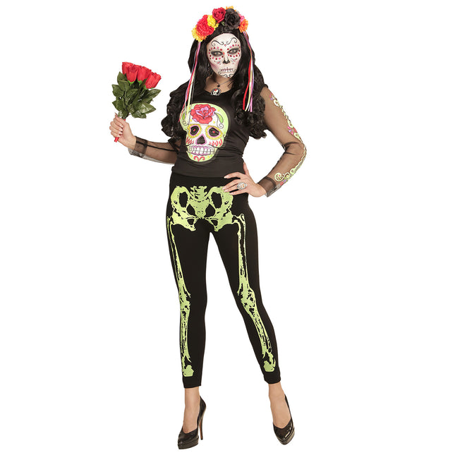 Halloweenowe legginsy Neon Green Skeleton