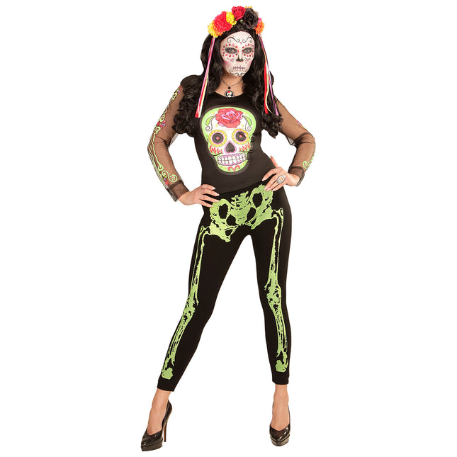 Halloweenowe legginsy Neon Green Skeleton