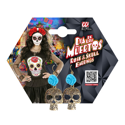 Kolczyki na Halloween Niebieskie czaszki z różą