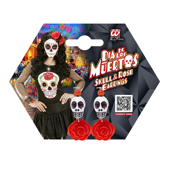 Kolczyki na Halloween Czerwono-Białe Czaszki z Różą
