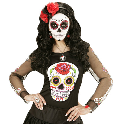 Kolczyki na Halloween Czerwono-Białe Czaszki z Różą