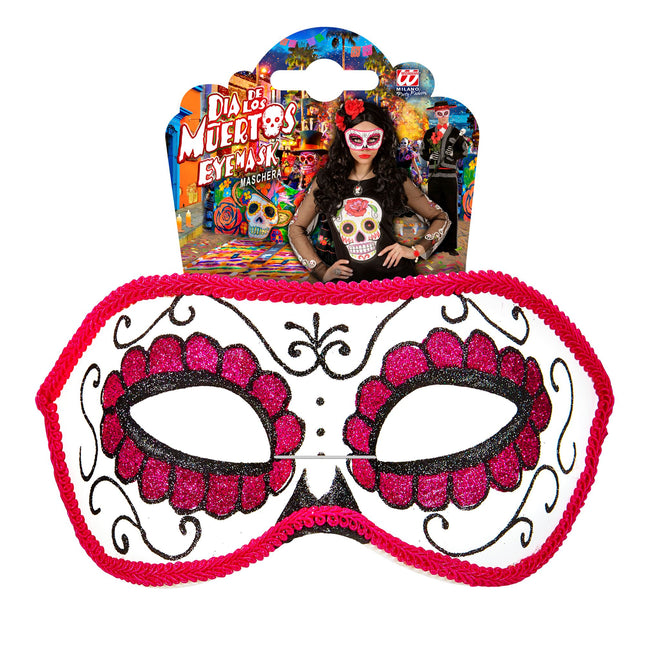 Maska na oczy Dia De Los Muertos różowa
