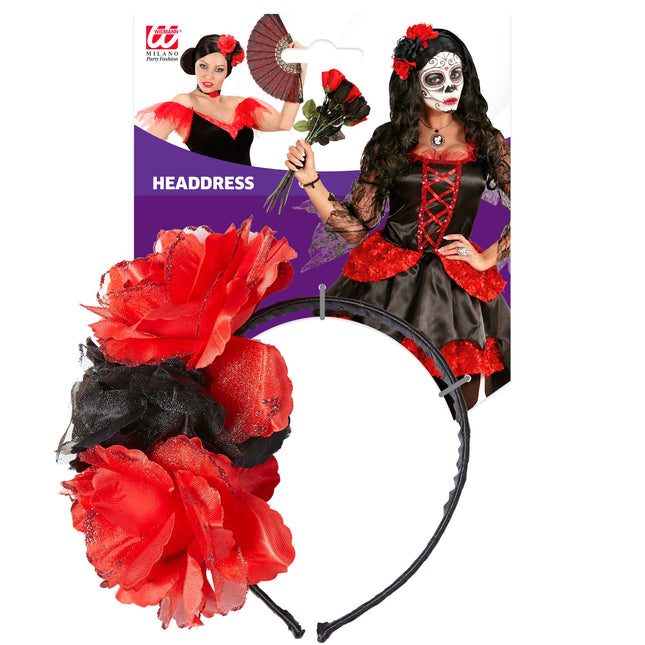 Opaska do włosów Dia De Los Muertos Czerwono Czarne Kwiaty
