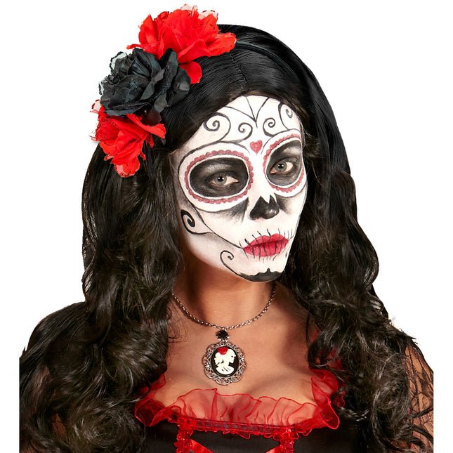Opaska do włosów Dia De Los Muertos Czerwono Czarne Kwiaty