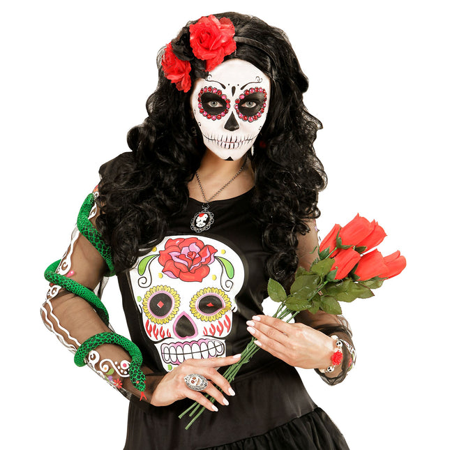 Opaska do włosów Dia De Los Muertos Czerwono Czarne Kwiaty