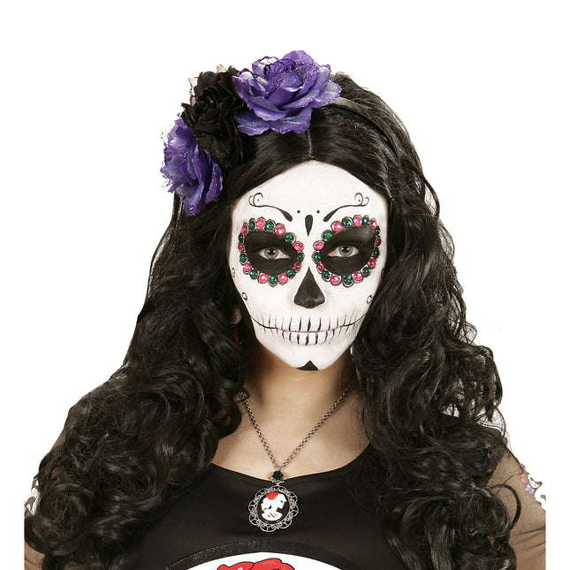 Opaska do włosów Dia De Los Muertos Czarne Fioletowe Kwiaty