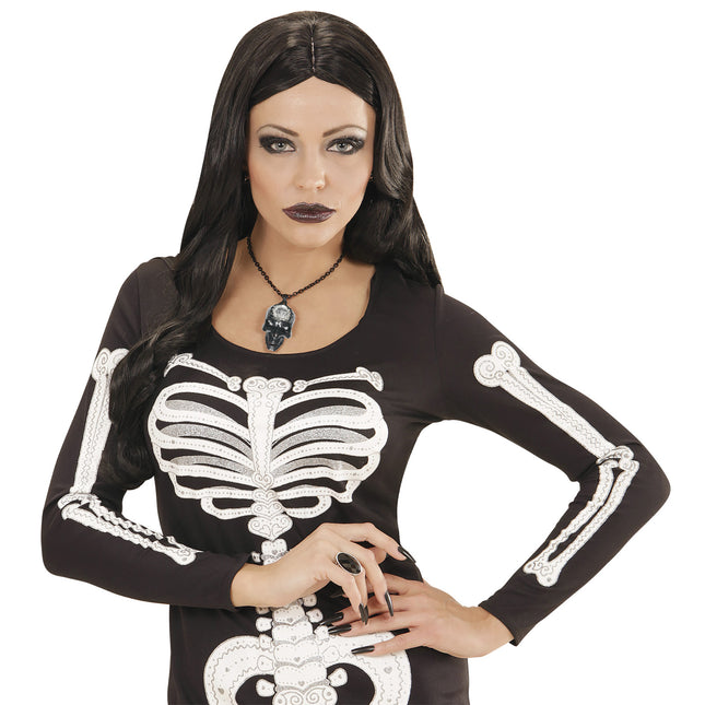 Halloweenowy naszyjnik czaszka z kamieniem szlachetnym