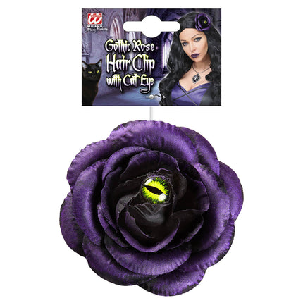 Halloweenowa spinka do włosów Fioletowa róża z kocim okiem
