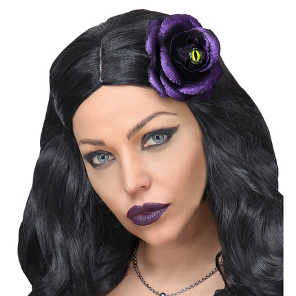 Halloweenowa spinka do włosów Fioletowa róża z kocim okiem