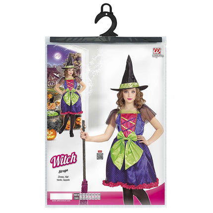 Kostium na Halloween fioletowo-zielona dziewczyna czarownica