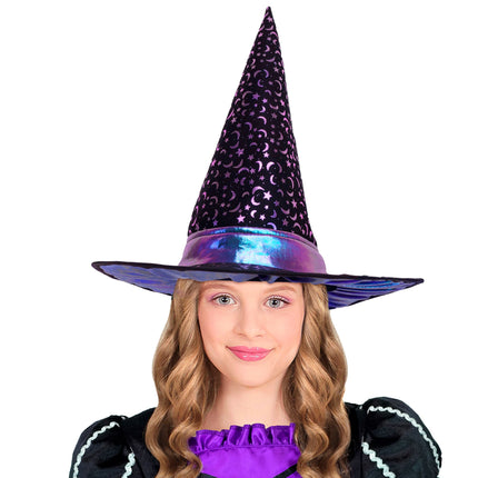 Czapka czarownicy na Halloween dla dzieci z gwiazdkami i księżycem