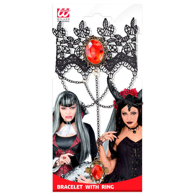 Bransoletka na Halloween Koronka z czerwonym kamieniem
