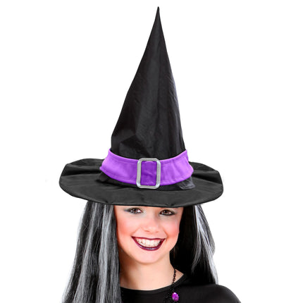 Halloweenowy kapelusz czarownicy czarno-fioletowy z paskiem