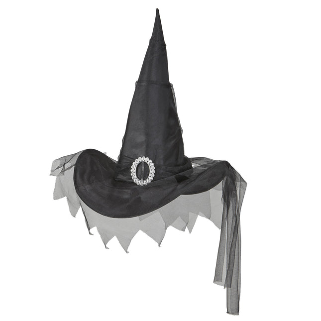 Kapelusz wiedźmy na Halloween czarny z tiulem