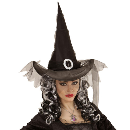 Kapelusz wiedźmy na Halloween czarny z tiulem