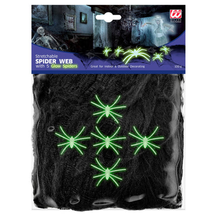 Halloweenowa pajęczyna czarna z 5 pająkami 100gr