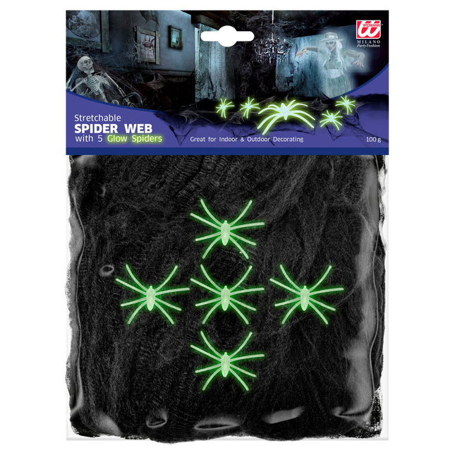 Halloweenowa pajęczyna czarna z 5 pająkami 100gr