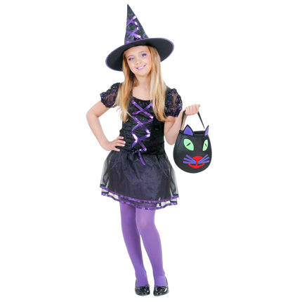 Sukienka na Halloween Czarno Fioletowa Dziewczyna Czarownica 2 szt
