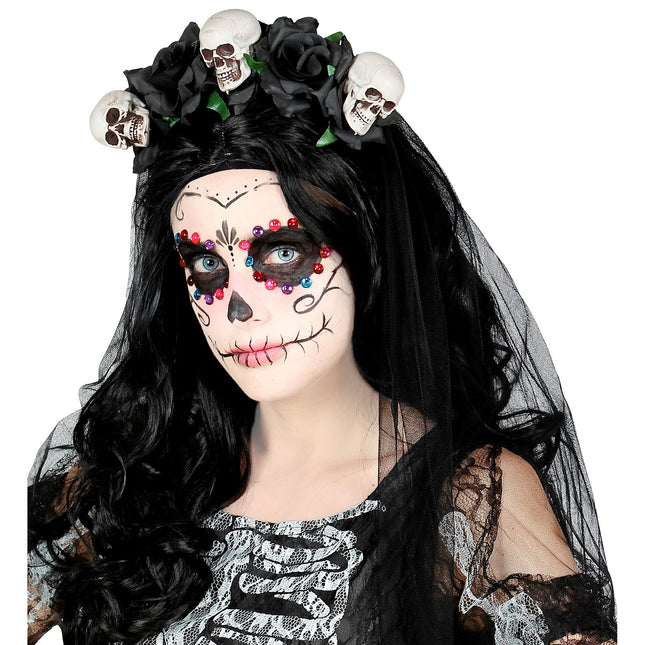 Opaska do włosów na Halloween Welon ślubny Czaszka i róża