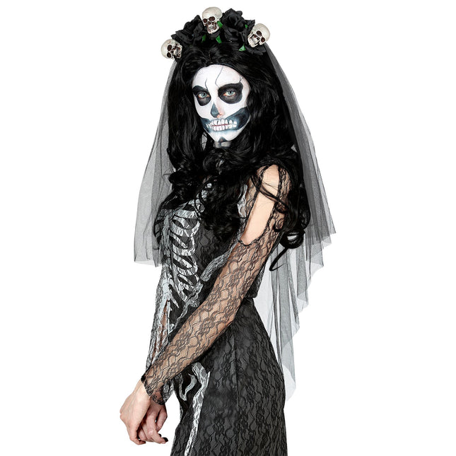 Opaska do włosów na Halloween Welon ślubny Czaszka i róża