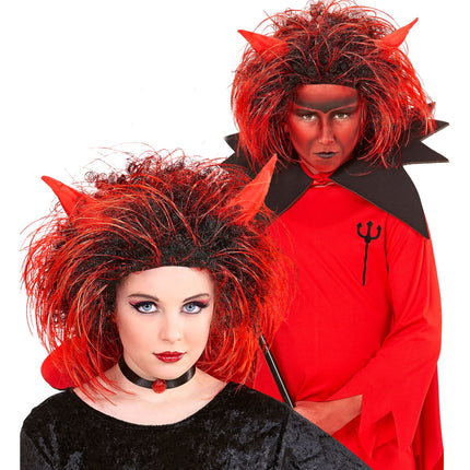 Peruka na Halloween Czerwono Czarny Diabeł