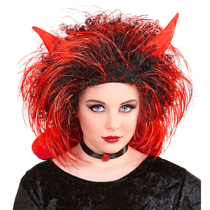 Peruka na Halloween Czerwono Czarny Diabeł