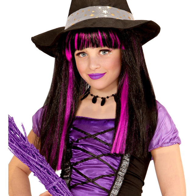Peruka na Halloween Czarna Fioletowa Czarownica