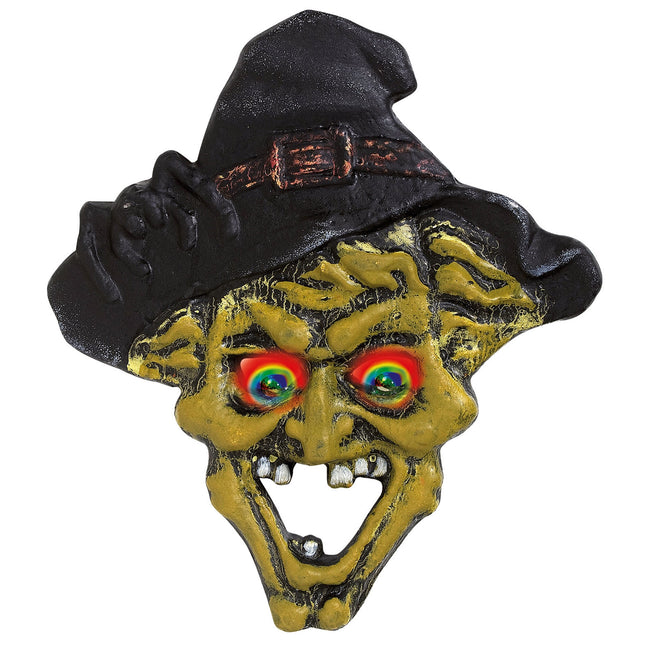 Halloweenowy znak na drzwi Czarownica ze światłem