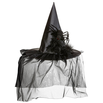 Halloweenowy kapelusz czarownicy z welonem i pająkiem