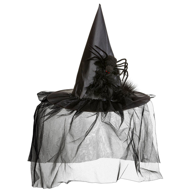 Halloweenowy kapelusz czarownicy z welonem i pająkiem