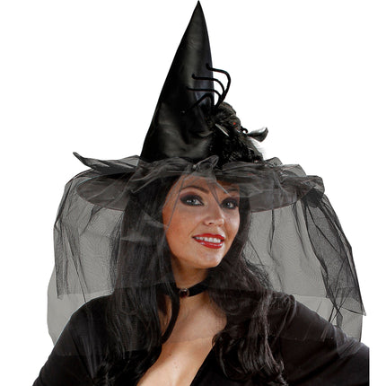 Halloweenowy kapelusz czarownicy z welonem i pająkiem