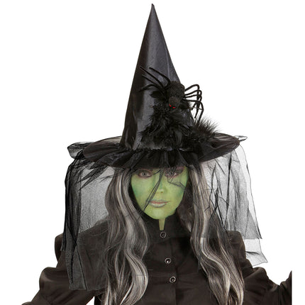 Halloweenowy kapelusz czarownicy z welonem i pająkiem