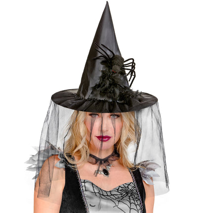 Halloweenowy kapelusz czarownicy z welonem i pająkiem