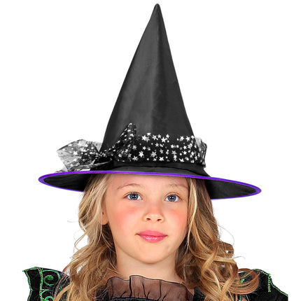 Halloweenowy kapelusz czarownicy Czarne srebrne gwiazdki